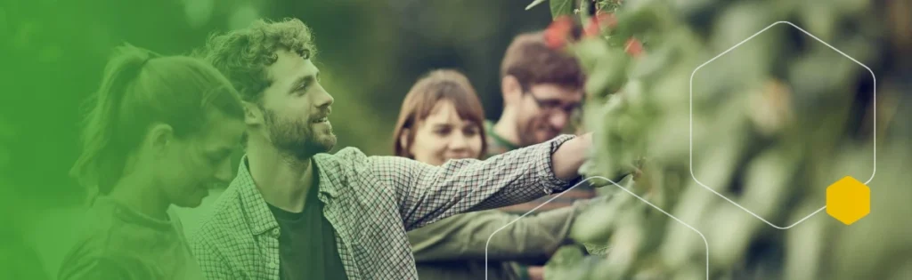 Personas riendo tocando plantas
